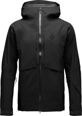 Schwarze Hardshelljacke für Herren von Black Diamond; Modell Men"s Factor Shell; mit Kapuze und Reißverschlusstaschen.