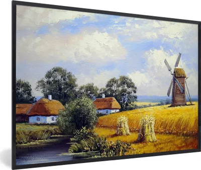 Produktbild von MuchoWow® Gerahmtes Poster Gemälde - Bauernhof - Mühle - Ölfarbe 90x60 cm - Poster mit Schwarzem Bilderrahmen Wandposter Rahmen Foto Bilder - Fotorahmen - Foto-Plakat