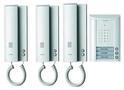 Imagen del producto de Kit completo de timbre para tres unidades habitacionales, con botones de timbre y placas de identificación