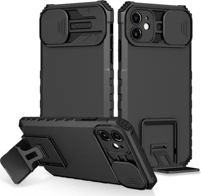 Produktbild von iPhone 11 Hülle, Dual Layer Ständer Schutzhülle mit Schiebe Kamera Schutz für iPhone 11 Schwarz