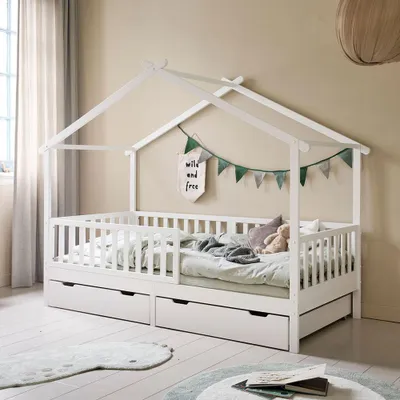 Produktbild von Petite Amélie Hausbett Maison - 90x200 cm - Weiß – Kinderbett mit Lattenrost – flexible und abnehmbare Seitengitter