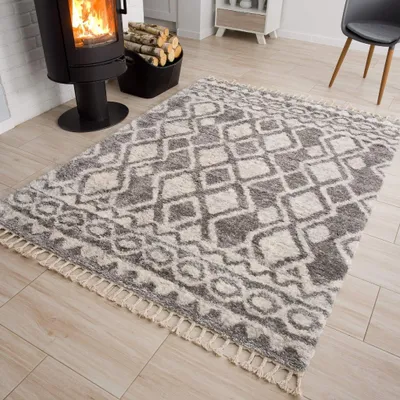 Obrázek produktu pro Koberec obývací pokoj ložnice krémově šedý s třásněmi dlouhý vlas boho geometrický 200 x 300 cm