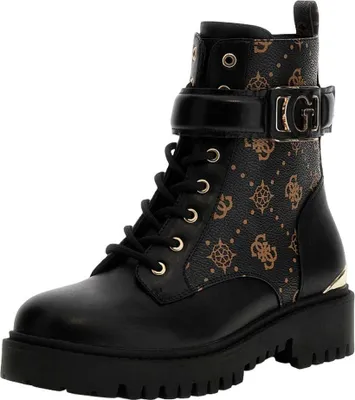 A single black Guess boot with a brown monogram pattern and gold buckle.