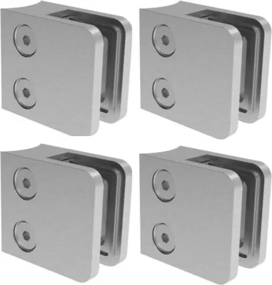 Produktbild von Sellon24® Glashalter 4 Stück Edelstahl Glasklemme Klemmhalter Geländer V2A Eckig 45x45x28 mm inkl. Gummieinlage, für Rohr 42,4 geschliffen K320 Set MOD 21