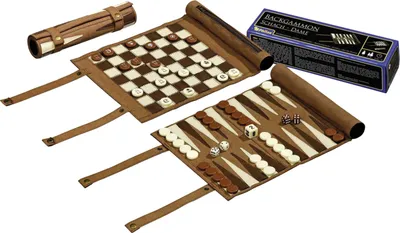 A travel set for chess, backgammon, and checkers is laid out on a white background, with a box for the game in the upper right corner.