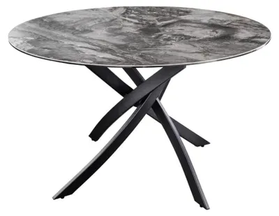 Image de Table de salle à manger ronde ARAVIS 120 cm – Céramique effet marbre gris et piètement métal noir design