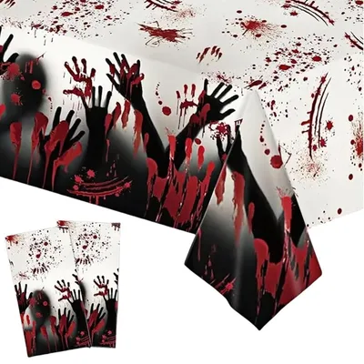 Productafbeelding van Twee Halloween tafelkleden, plastic, 137x274 cm, bloedrood, waterdicht