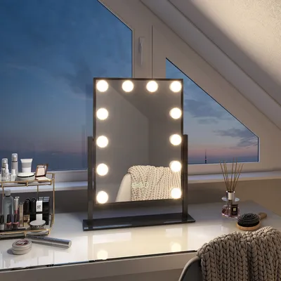 Obrázek produktu pro EMKE Hollywoodské kosmetické zrcadlo 85x364x475mm se 7x zvětšujícím zrcadlem, černé Make-up zrcadlo s inteligentním dotykovým displejem a 3 barvami světla, 12 stmívatelných LED světel, otočné o 360° a s paměťovou funkcí