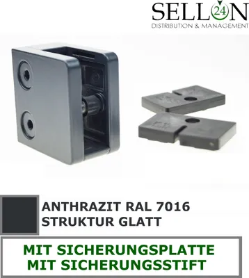 Produktbild von Glashalter Eckig Zamak Glasklemme 45x45 Zink Geländer RAL7016 Anthrazit Pfosten Flach Glatt