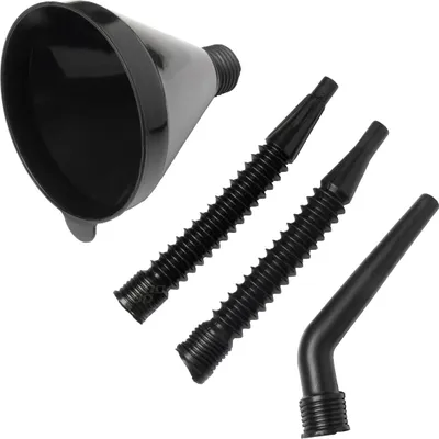 Immagine prodotto di Imbuto universale in plastica nera con setaccio, 4 pezzi, 13 cm, flessibile