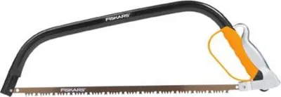 A Fiskars bow saw is shown against a white background.