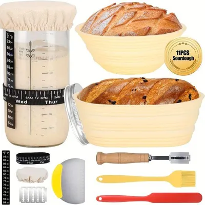Produktbild von Komplettes Sauerteig Starterset mit 1000ml Glas Behälter und Hitzesicheren Silikon Gärkörbchen - SOURBAKER