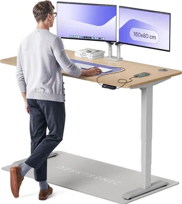 Image de Desktronic HomePro Bureau électrique réglable en hauteur 160x80cm bambou/gris avec fonction mémoire, technologie anti-collision, ports de charge USB-A et USB-C