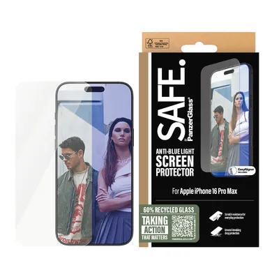 Obrázek produktu pro PanzerGlass SAFE. by ® Anti-Blue Light Screen Protector iPhone 16 Pro Max | Ultra-Wide Fit, Apple, Apple - iPhone 16 Pro Max, Aplikace nasucho, Odolné proti poškrábání, Odolný proti nárazům, Průhledná, 1 kusů
