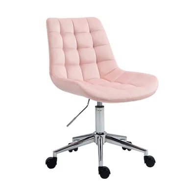 A pink office chair with a silver base and wheels, isolated on a white background.