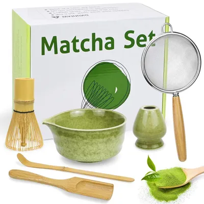 Produktbild von Matcha Set 6-Teilig Grün Keramik Bambus Sieb Löffel Besenhalter