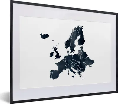 Produktbild von MuchoWow® MuchoWow® Gerahmtes Poster Karte von Europa - Aquarell - Blau 40x30 cm - Poster mit zchwarzem Bilderrahmen - Bilderrahmen - Poster im Rahmen