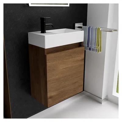 Produktbild von Waschbecken mit Unterschrank 45 cm | Badezimmermöbel Set | Kompaktes Waschbecken für Gäste WC | Waschtisch Set | Unterschrank für Waschbecken in Eiche
