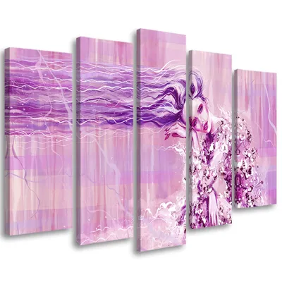 Produktbild von 5-teiliges leinwandbild langhaarige frau 150x100 cm Feeby lila wandbild bereit zum aufhängen