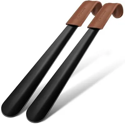 Produktbild von Schuhlöffel Lang 42CM (2er-Set) – Bequemes Anziehen mit Schuhanzieher Lang Metall aus Edelstahl, Schuhlöffel Metall Ledergriff, Ergonomisch für Senioren & Erwachsene, Praktisches Geschenk