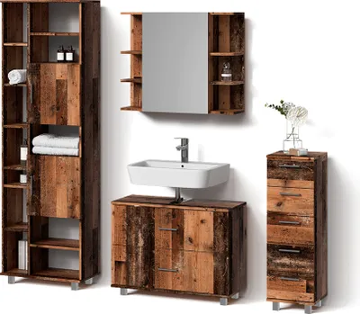 Image de Ensemble meubles bain Livinity Eisak Chêne rustique 4 pièces, avec armoire haute, Model 52818