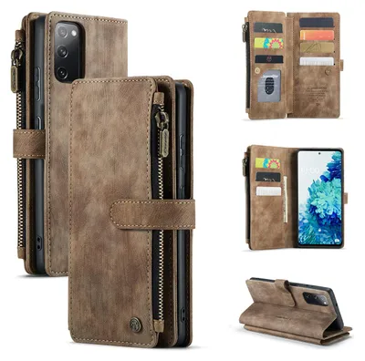 A collage of images showing a brown leather wallet-style phone case for a Samsung Galaxy S20 FE.