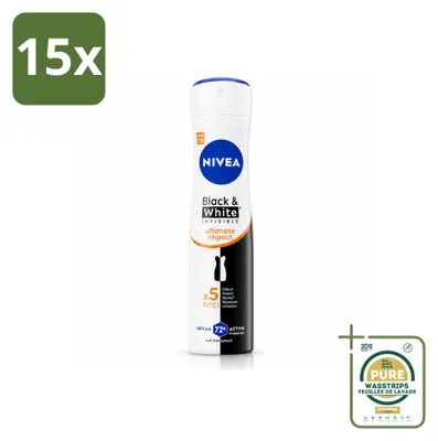 Imagen del producto de 15 unidades de desodorante en spray NIVEA Black & White Ultimate Impact, 150 ml, pack ahorro