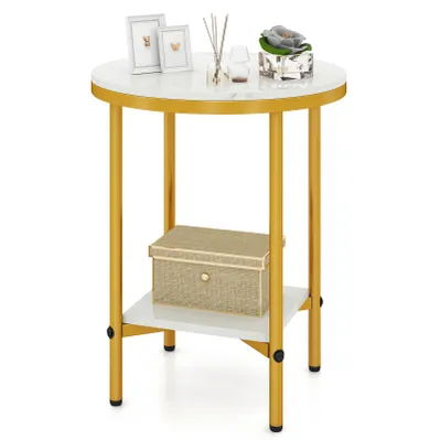 A round side table with a marble-look top and a lower shelf, displayed on a white background.