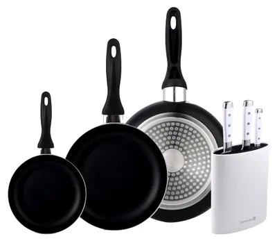 Produktbild von 3-teiliges Pfannenset 16/20/24 aus gepresstem Aluminium + 3-teiliges Messerset aus Edelstahl + Tacoma in Weiß