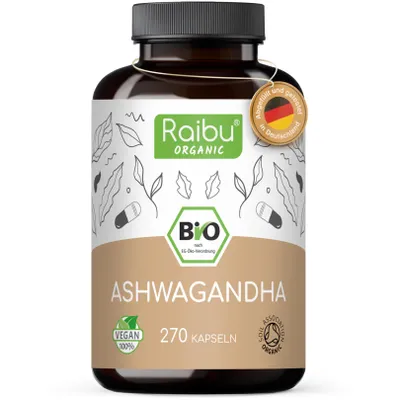 Produktbild von Ashwagandha Kapseln 270st, Hochdosiert, Ashwagandha Wurzel Pulver, RAIBU