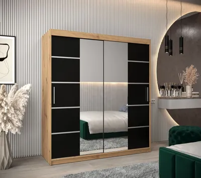 Produktbild von Schrank mit Spiegeln VIVIEN – Breite 180 cm, Eiche Artisan / Schwarz