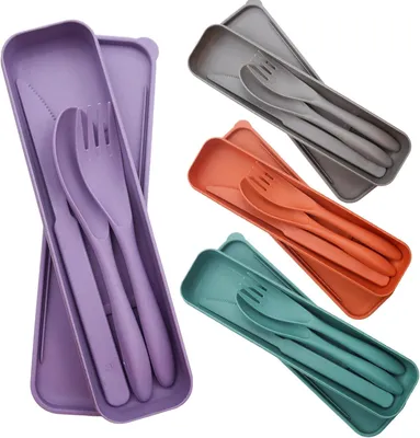 Imagen del producto de Juego de cubiertos de plástico para camping, de 4 piezas, que incluye cuchara, cuchillo, tenedor y palillos, ideal para llevar de viaje