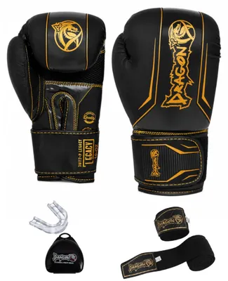 Productafbeelding van Dragon Legacy Boxhandschoenen set, 3-delig, 10-12-14-16 oz, zwart-wit, inclusief 3,5 meter zwarte bandages. Professionele set met mondbeschermer, geschikt voor kickboksen, Muay Thai, MMA en sparren (zwart, 12 oz)