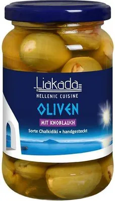 Produktbild von Liakada Grüne Oliven mit Knoblauch Sorte Chalkidiki handgesteckt  200 G Glas  Vegan Glutenfrei  Fruchtig, leicht bitter, würzige Note