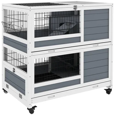 Image de Cage pour animaux en bois - Cage à lapins - Cage pour petits rongeurs - Cage pour cobayes - Cage d'extérieur - Cage à deux niveaux