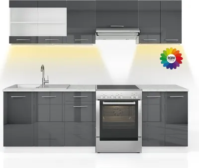 Produktbild von Küchenzeile Vicco Raul Anthrazit Hochglanz/Weiß 240 cm , AP Marmor mit LED-Leisten, Model 51949