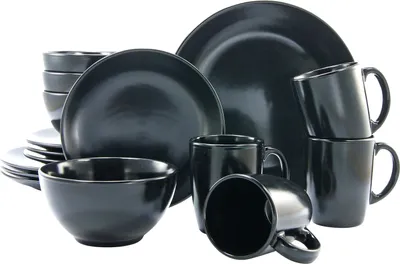 Produktbild von CreaTable 17544 Kombiservice B&W für 4 Personen, Uni + Uni, Steingut, rund, schwarz (1 Set, 16-teilig)
