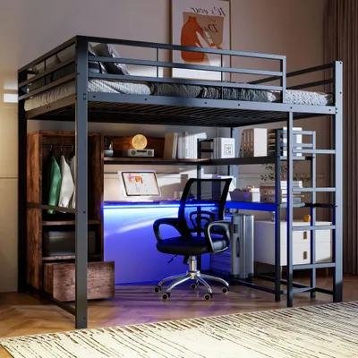 Zdjęcie produktu dla Łóżko piętrowe z oświetleniem LED, biurko, 1 szuflada, półki, poręcz i schody, metalowa konstrukcja, bez materaca - wymiary 140x200 cm, kolor czarny
