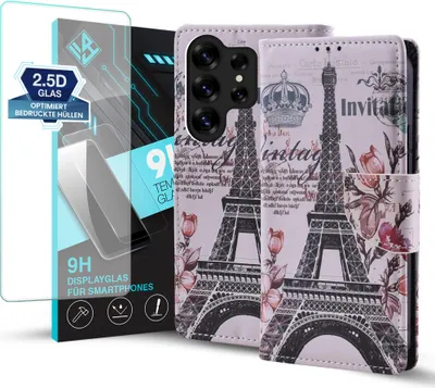 Produktbild von Handy Hülle für Samsung Galaxy S25 Ultra mit 9H Displayglas Klapphülle Bookcase Flip Cover Handy Tasche Etui Motiv: Eiffelturm Paris Blumen