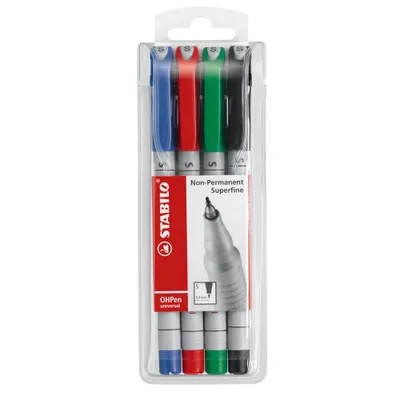 Produktbild von Folienstift - STABILO OHPen universal - wasserlöslich superfein - 4er Pack - grün, rot, blau, schwarz