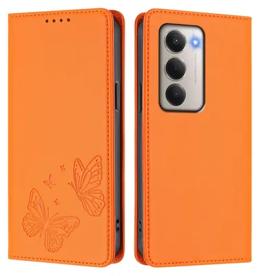 Produktbild von Lederhülle für Xiaomi Redmi 15 5G/4G, Schmetterling Prägung Leder Brieftasche Schutzhülle mit Ständer Orange