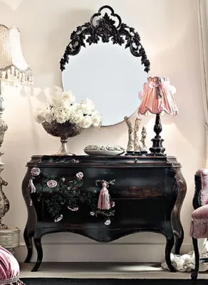 Produktbild von Casa Padrino Luxus Barock Kommode mit Spiegel Schwarz / Mehrfarbig / Rosa - Barock Spiegelkommode - Prunkvolle Barock Möbel - Hotel Möbel - Schloß Möbel - Erstklassische Qualität -  Italy