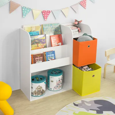 A children's bookshelf filled with books and toys, with storage bins next to it.
