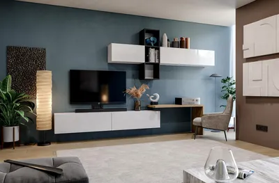 Produktbild von Wohnwand Set mit 5 Schränken, Weiß Hochglanz, Schwarz, modern für das Wohnzimmer, 245 x 180 cm