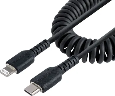 Immagine prodotto di StarTech.com Cavo USB-C a Lightning da 50 cm  MFi, Cavetto iPhone Spiralato di Ricarica/Alimentazione, Resistente Cavo Tipo C a Lightning in Fibra Aramidica con Rivestimento TPE , Cavo Caricatore Nero