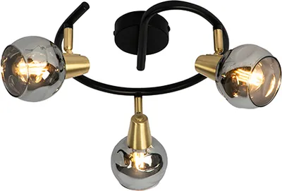 Produktbild von QAZQA - Art Deco Deckenleuchte I Deckenlampe I Lampe I Leuchte schwarz 44,5 cm mit Rauchglas 3-flammig Spotbalken-flammig - Vidro I Wohnzimmer I Schlafzimmer - Organisch - LED geeignet E14