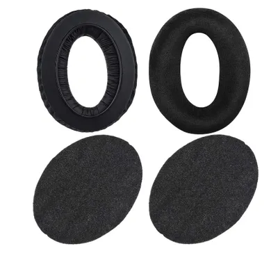 Four headphone ear pads are displayed against a white background.