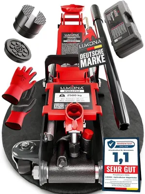 Produktbild von Hydraulischer Wagenheber 2,5T (85–385 mm) – Extra Tragegriff & Handschuhe – Rangierwagenheber für PKW, Auto (Rot)