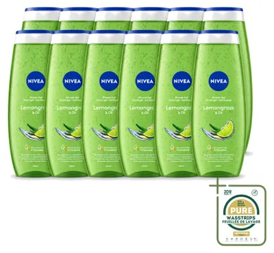 Imagen del producto de 12 unidades de gel de ducha NIVEA con aroma a hierba de limón y aceite, 500 ml, pack ahorro