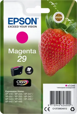 Obrázek produktu pro Epson Strawberry Singlepack Magenta 29 Claria Home Ink, Standardní výtěžnost, Purpurová, Inkoust na pigmentové bázi, 3,2 ml, 1 kusů, 180 str.
